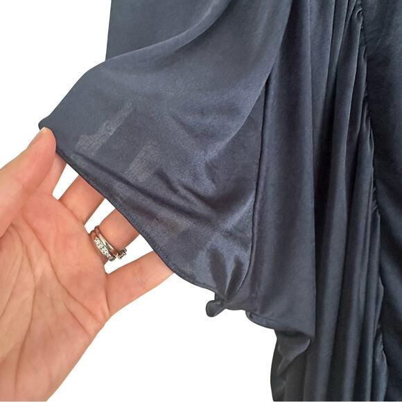 BCBG Maxazaria Navy Blue Silky Flutter Sleeve Rouched Top XS - Picture 4 of 5
